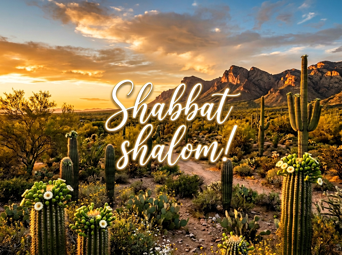 Shabbat shalom greeting over image of the desert.